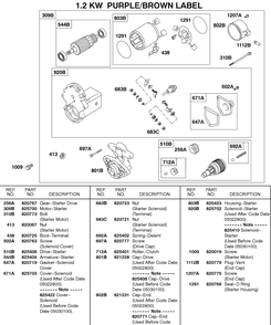 Starter Motor, 1.2 Kw Purple Or Brown Label Diagram and Parts List for 580447-0315-XX  Briggs and Stratton Engine